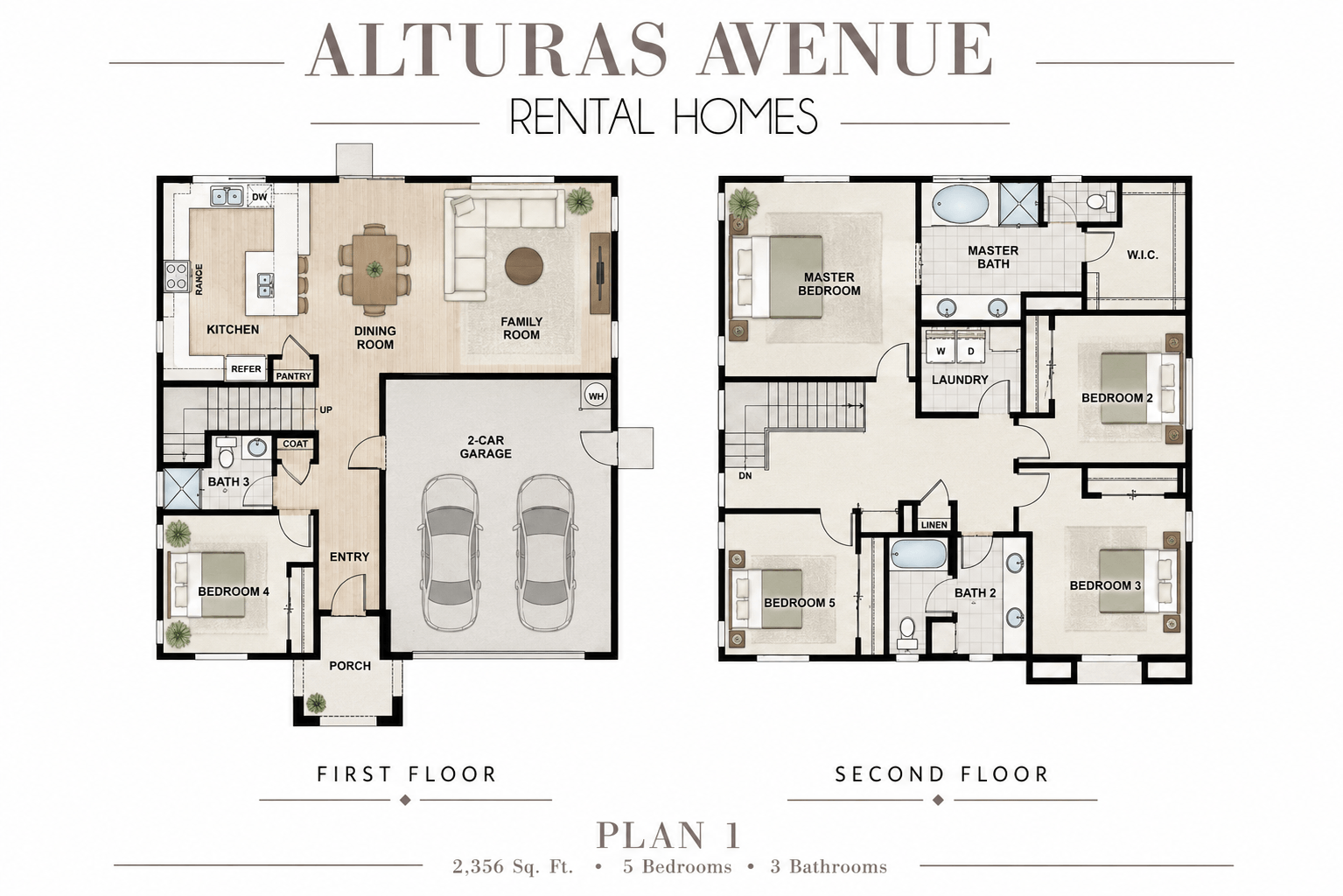 A floor plan for Alturas Avenue Rental Homes showing the layout of the first and second floors.